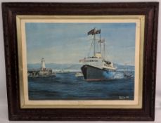 HMS Britania Royal Visit Victoria Harbour Print, signed by artist K Darling, limited edition 138/500