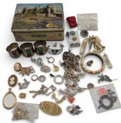 Tin of Vintage Costume Jewellery: brooches, buttons, necklace, no gold noted, one .830 brooch,