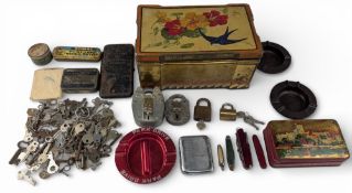 Vintage Advertising Tins, Padlock Keys, Ash Tray, penknives, and more