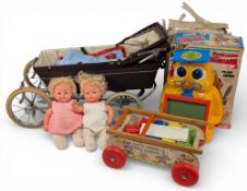 Vintage Toys Charlesworth Pram Dolls, two Palitoy dolls, Professor Owl play desk, walker with