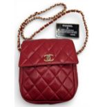 Vintage original Chanel Paris gold CC quilted lambskin Mini Red Shoulder Bag: #18cm x 20cm with