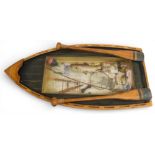 Decorative fishing Diorama of a wooden half boat standing 25” tall, with various vintage accessories