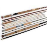 A collection of rods as follows: 1s unnamed solid glass spinning rod, 7ft 2pc, 19” handle, alloy