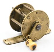 Early all brass wide drum winch, 1 ½” diameter, 1 ½” wide, curved winding arm and sliding lock