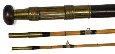 J W Warner & Sons Makers Redditch 11’ 3pc split cane fly rod with 15” leather handle with brass