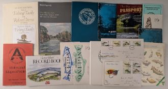 Fishing Angling Auction Catalogues, booklets, first day cover paperwork with noted items of