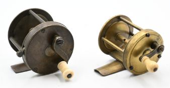 Pair of early brass wide drum multiplying winches, a 2 ¼” example with rim pin lock, 3 steel pin