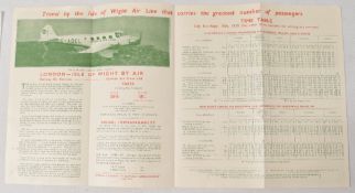 RAILWAY AIR SERVICE, LONDON – ISLE OF WIGHT November 1935. A 4 page three-fold brochure with