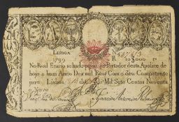 BANKNOTE PORTUGAL - WAR OF TWO BROTHERS 1799. An interest bearing Banknote for 10,000 Reis. Has