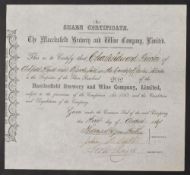 THE MACCLESFIELD BREWERY AND WINE COMPANY LTD Certificate for 1 share 1867. Ornate black printing