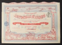 SOCIETE FRANCAISE D’AUTOMOBILES ET D’AVIATION. Bearer Certificate for 1708100 Francs. Orleans