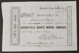 SCARCE EARLY CALIFORNIA GOLD RUSH SHARE CERTIFICATE - UNITED STATES HERBERTVILLE QUARTZ MINING
