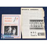 1959 Sparta Rotterdam v Arsenal friendly match programme 8 August 1959 (single sheet, Arsenal team