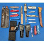 Collection of Fishing knives, pocket knives, makers of Falcon, Spear & Jackson, Swiss Army, Nortman,