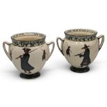 Fine pair of Royal Doulton Isacc Walton Ware Handled Vases: I Care Not I To Fish in Seas, Fresh