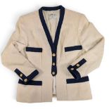 Vintage c1980 Chanel Ecru/Blue Wool Tweed Suit Jacket, three CC gold buttons, two pockets,