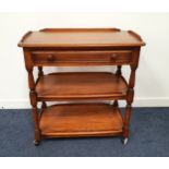 VINTAGE ERCOL THREE TIER DRINKS TROLLEY with single drawer below the top surface, with turned