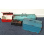 FOUR VINTAGE METAL TOOLBOXES one with leather front, of various sizes, the largest 61cm wide