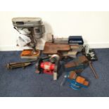 SELECTION OF BENCH-TOP TOOLS including a scroll saw, a pillar drill, a grinder, and a metal cutter