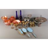 A quantity of artglass and metalware; A collection of marigold coloured art glassware, a pair of