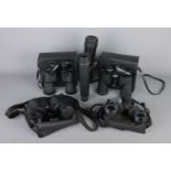 A collection of Binoculars and a telescope; Four pairs of binoculars including Tasco 10X50, Super