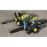 Two Chainsaws; A Ryobi Brushless chainsaw alongside a MacAllister MSolo chainsaw - Electric with oil
