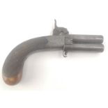 Victorian twin barrel Over and Under Percussion muff or pocket pistol with scroll work engraving to