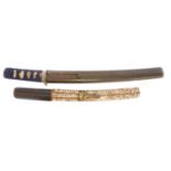 Two Japanese Mumei Tanto, with 23cm and 19.5cm cutting edges, one with lacquered scabbard, the other