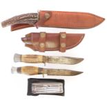 Damascus blade hunting knife, 7inch cutting edge in leather scabbard, together with three other