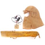 Early leather RAF helmet marked WD 32, also a WW2 Air/Sea rescue items: a Lifejacket light, an RAF