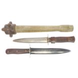 Two German trench knives, one stamped Gottlieb Hammesfahr, Solingen, also a cast iron club on wood