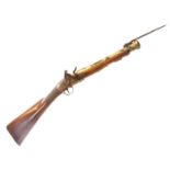 Flintock blunderbuss, 14inch brass cannon barrel with folding bayonet, (locking catch missing)