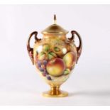 Royal Worcester, England A Fruit Painted Twin-Handled Urn with Cover by David Fuller