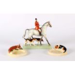 Doris Lindner for Royal Worcester "Huntsman & Hounds" Figure Group with Two "Fox" and "Hound" Dishes