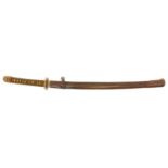 Japanese Mumei Wakizashi, 59.5cm cutting edge, unsigned tang, floral decorated Tsuba, and Shin Gunto