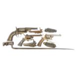 Three revolvers for restoration, two of which are pinfire, one percussion, also three locks, two