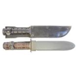 Two US M3 type combat knives and scabbards, with 7inch fullered blades, one with maker stamp