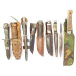 Eight varous knives and scabbards, including a German M.1968 army knive, also a double edged