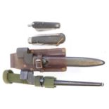 Lee Enfield No.4 spike and knife bayonets, with scabbards and frogs, also two folding army pocket