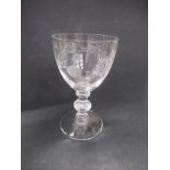 A Lalique Saint Hubert wine glass, engraved with dandelions by Anne Dybka (1921-2007), signed to