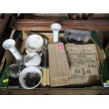 A box of sundries, flatware, manuals etc