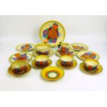 Clarice Cliff - an Art Deco period 'Bizarre' pattern pottery part tea service, includes teacups,
