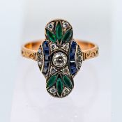 An unhallmarked rose gold silver topped ring set with round brilliant cut diamonds, calibre-cut