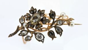 A good rose cut diamond set spray brooch set with seed pearls, set in gold, approx 10.6g.