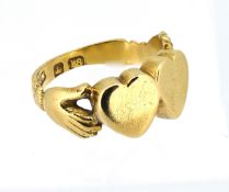 An antique double heart ring, set in 18ct yellow gold, approx 2.8g, size D.