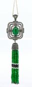 Large Jhumke-style silver necklace set with an oval cabochon green onyx, diamonds and green and
