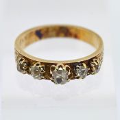 Antique five stone diamond ring, set in yellow gold, inscribed to inside band 'Dennis & Kate, 9.3.