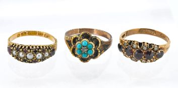 A ruby and seed pearl set ring, set in 15ct gold, approx 2g, a 9ct gold seed pearl and red stone set