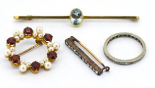 Two gold brooches (hallmarks indistinct), another brooch and a diamond full eternity set in white