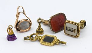 A mixed collection of six various antique fobs/seals set in cornelion/bloodstone.